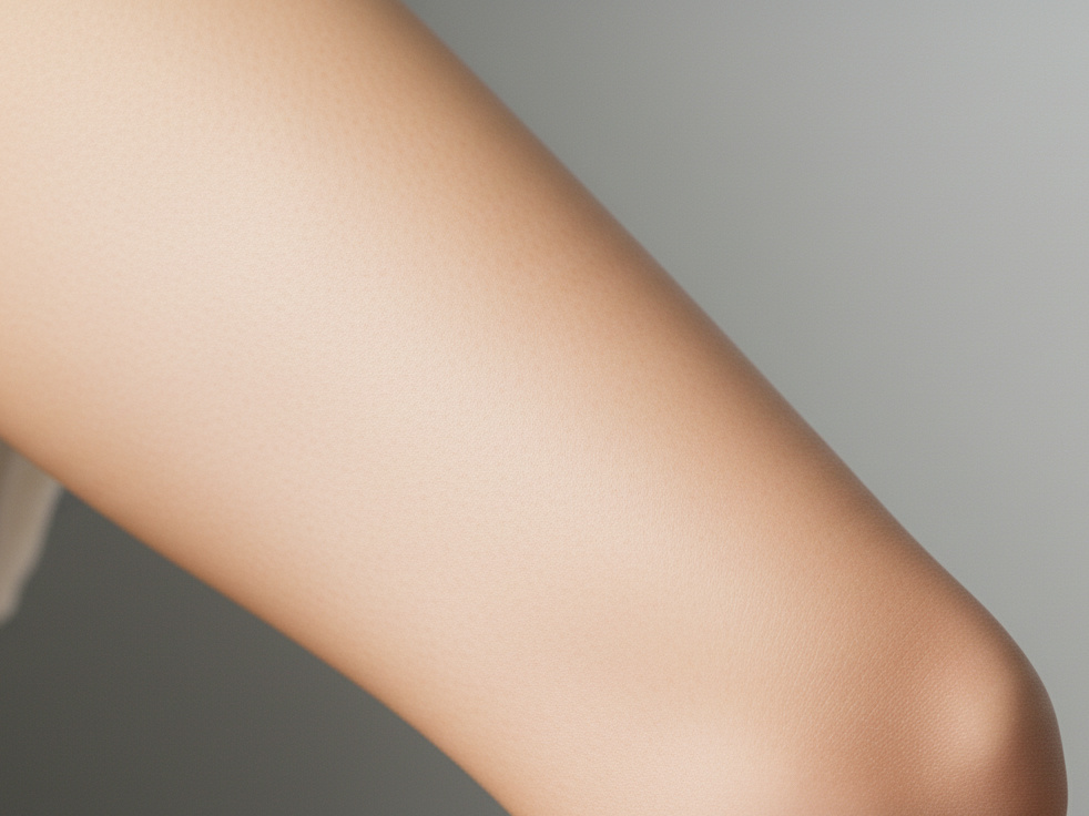 Close-up of a smooth thigh against a neutral background.