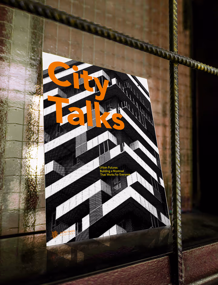 City Talks poster mockup leaning against a window with metal bars, featuring bold orange typography over a black-and-white architectural photo.