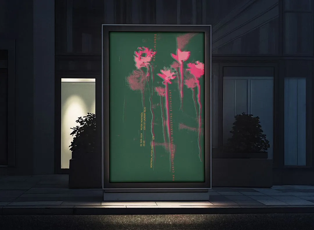 Poster for The Christiania Sound Harvesting Experiment displayed in a backlit city street billboard at night, featuring abstract pink flowers on a green background.