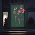 Poster for The Christiania Sound Harvesting Experiment displayed in a backlit city street billboard at night, featuring abstract pink flowers on a green background.