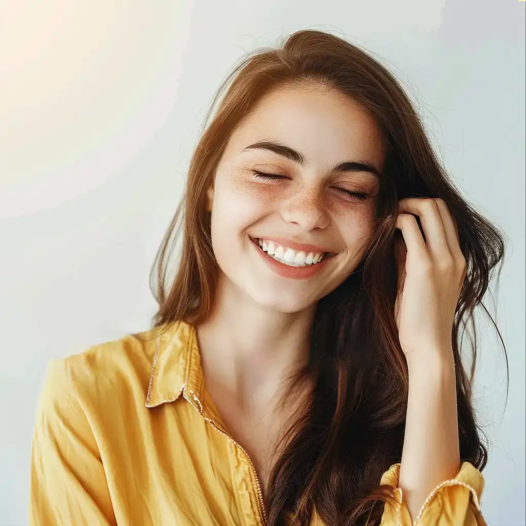 Young woman with long brown hair smiling with eyes closed, wearing a yellow shirt and touching her hair.