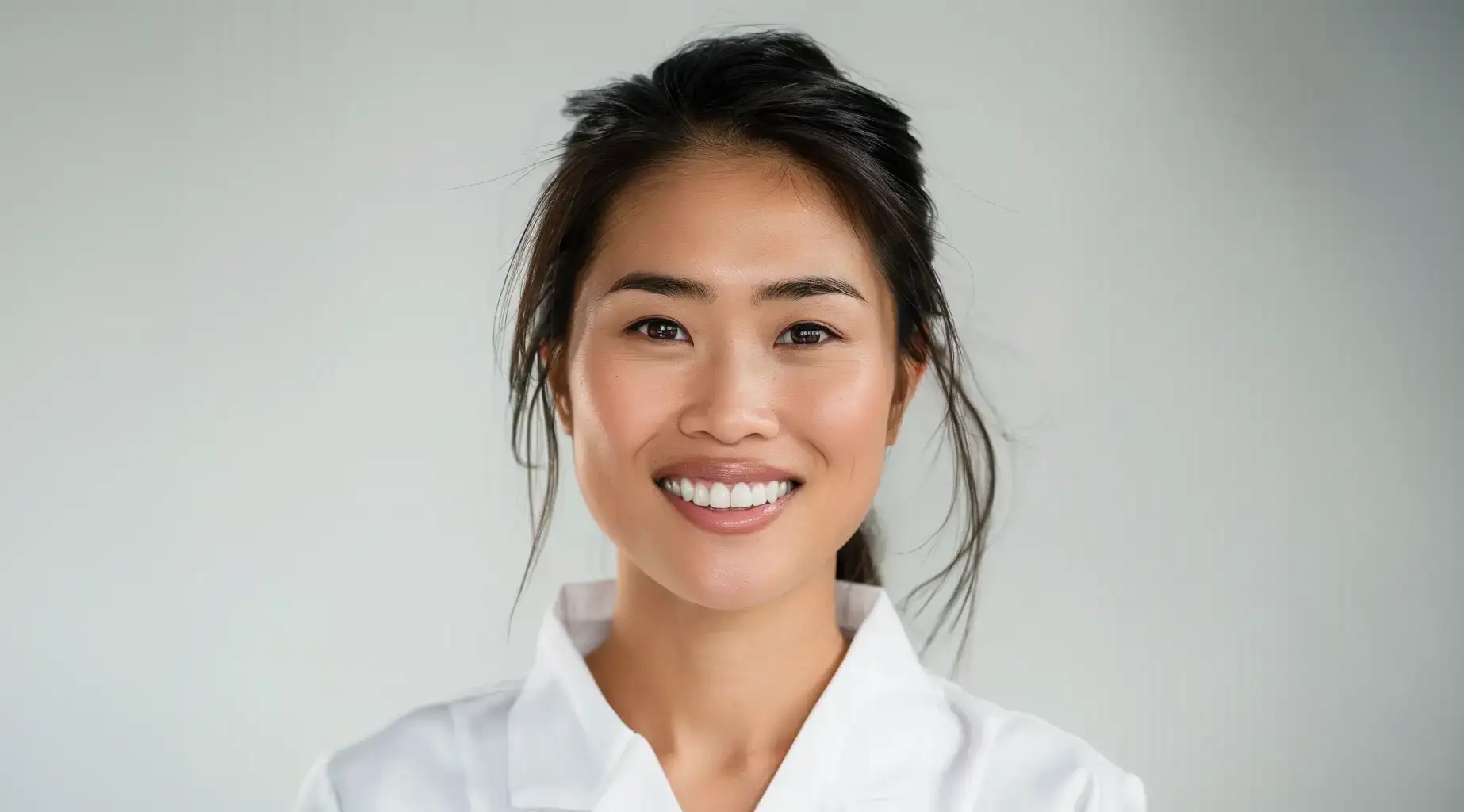 Smiling woman with dark hair wearing a white collared shirt against a plain light gray background.