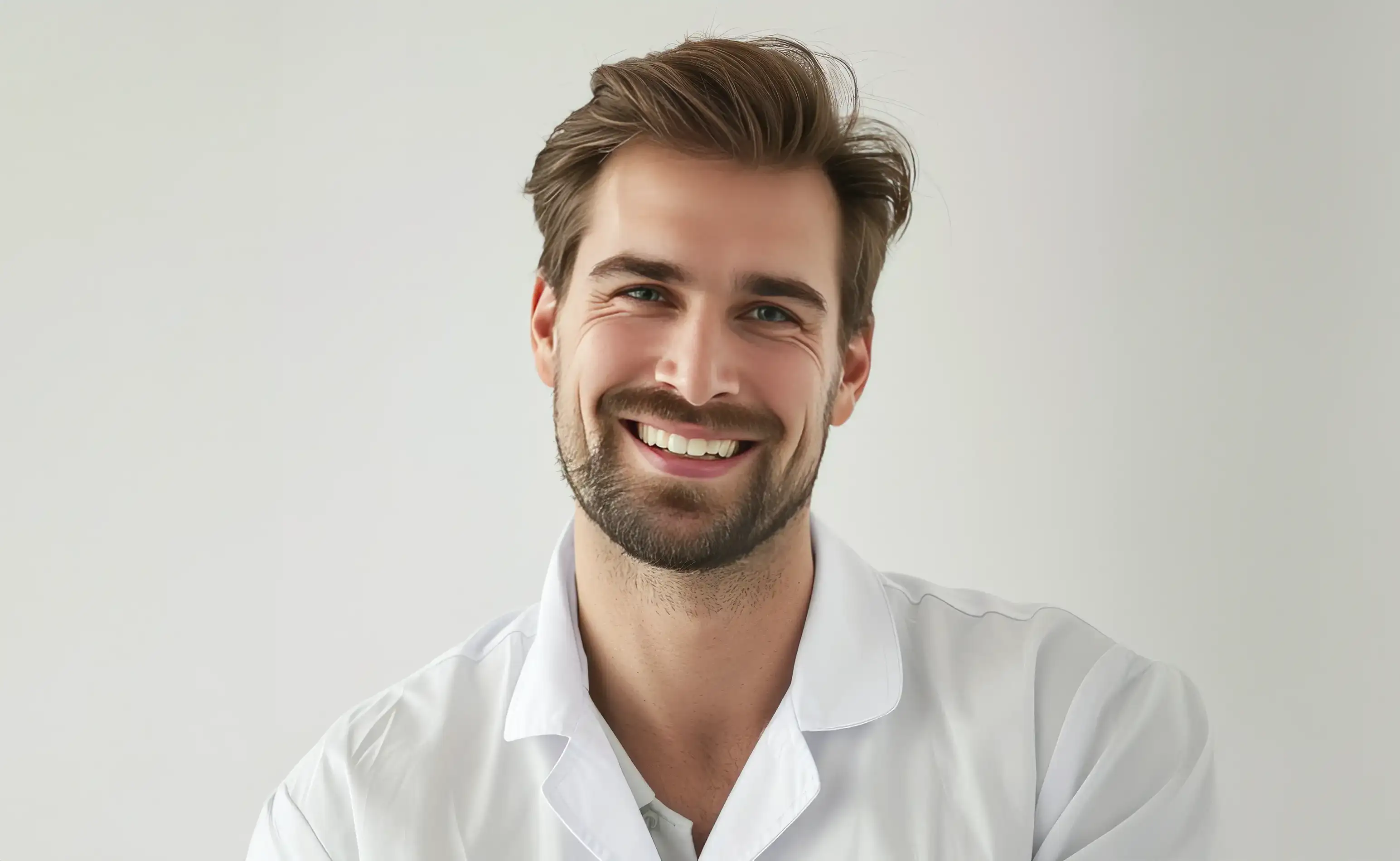Smiling young man with brown hair and beard wearing a white collared shirt against a light background.