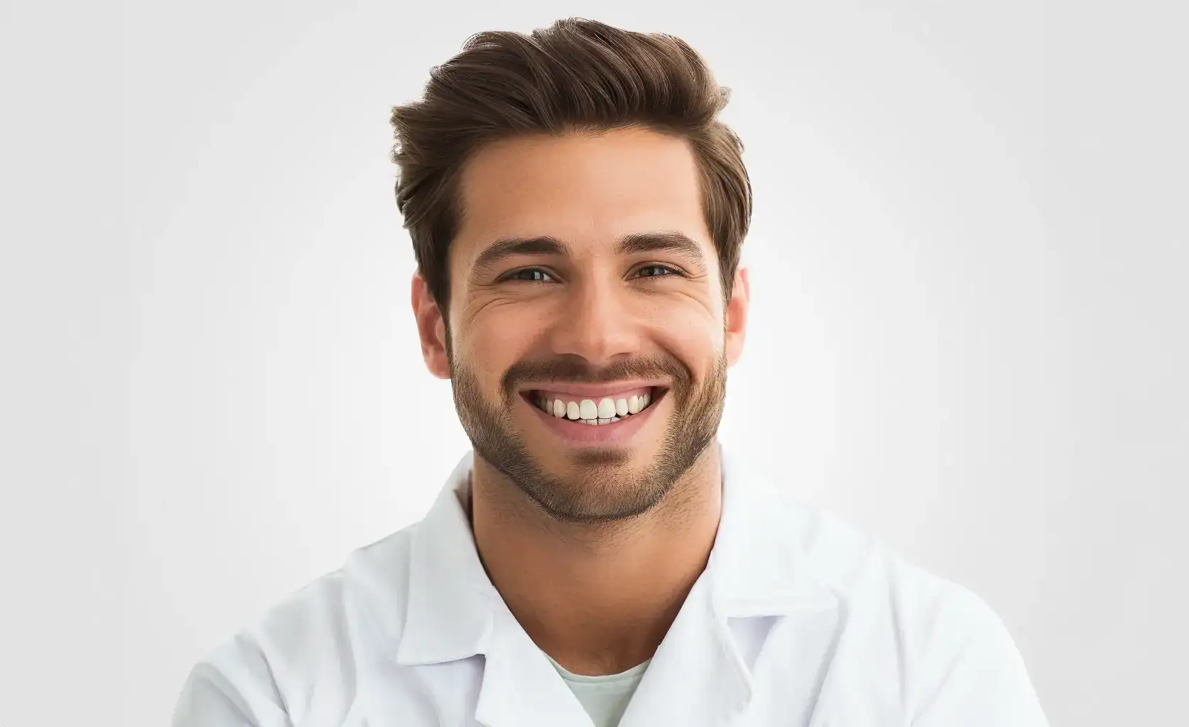 Smiling man with neatly styled brown hair and beard wearing a white lab coat.
