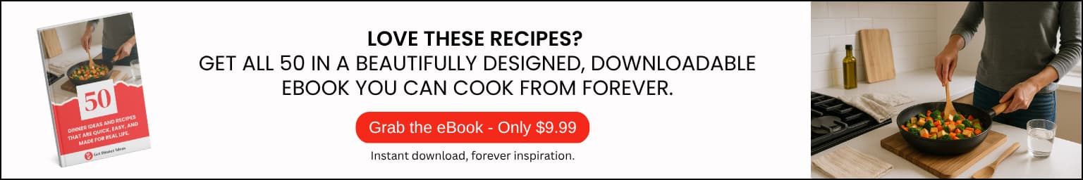 A banner promoting a $9.99 eBook titled “50 Dinner Ideas and Recipes That Are Quick, Easy, and Made for Real Life,” with an image of someone cooking a colorful stir-fry in a kitchen.