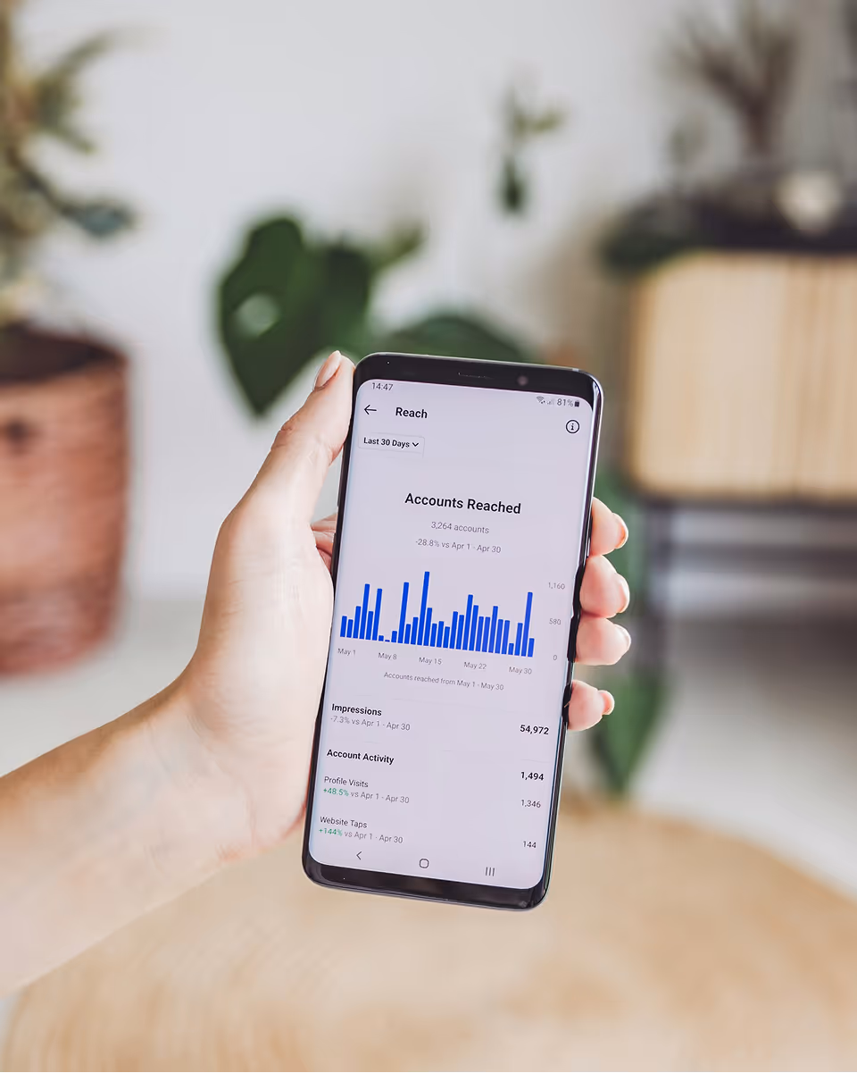 Hand holding a phone showing an analytics dashboard
