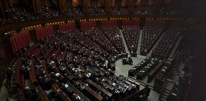 Legislative chamber with rows of seats