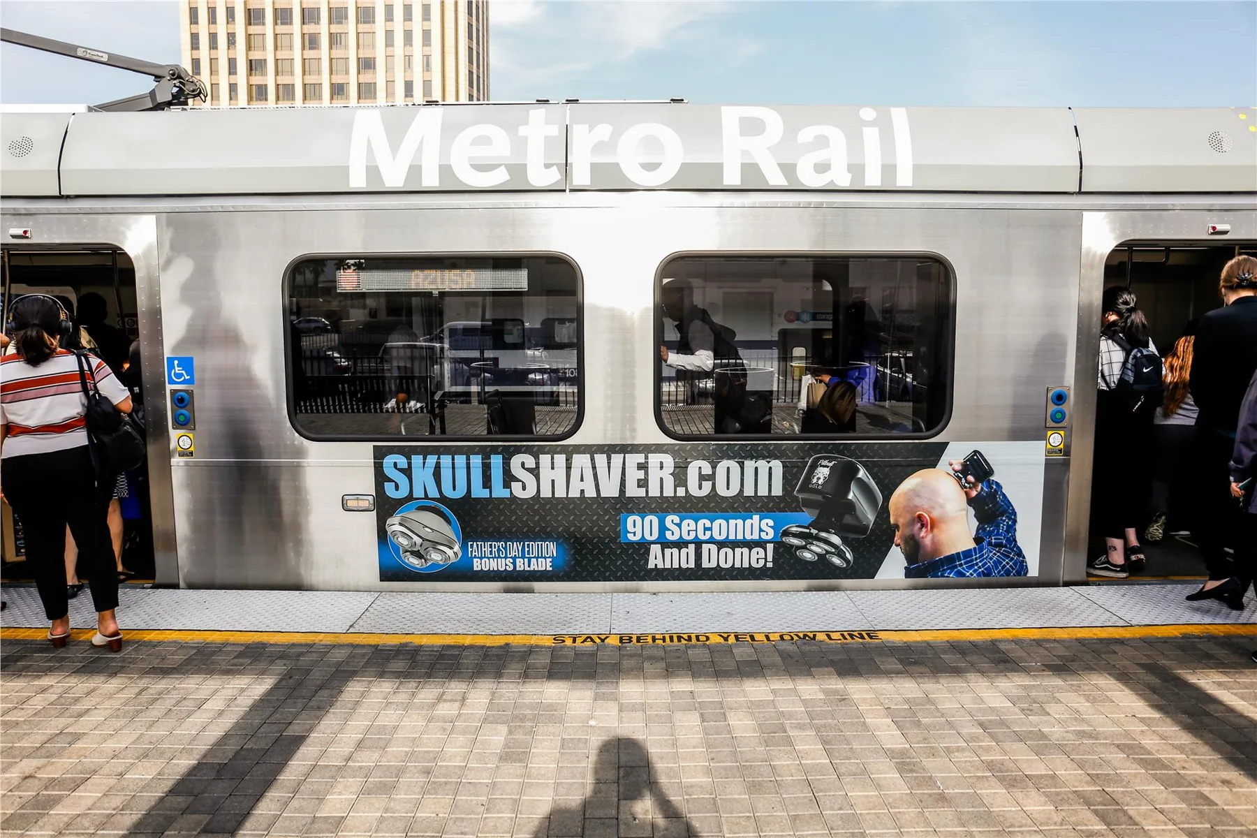 Skull Shaver ad wrapped on a Metro Rail train