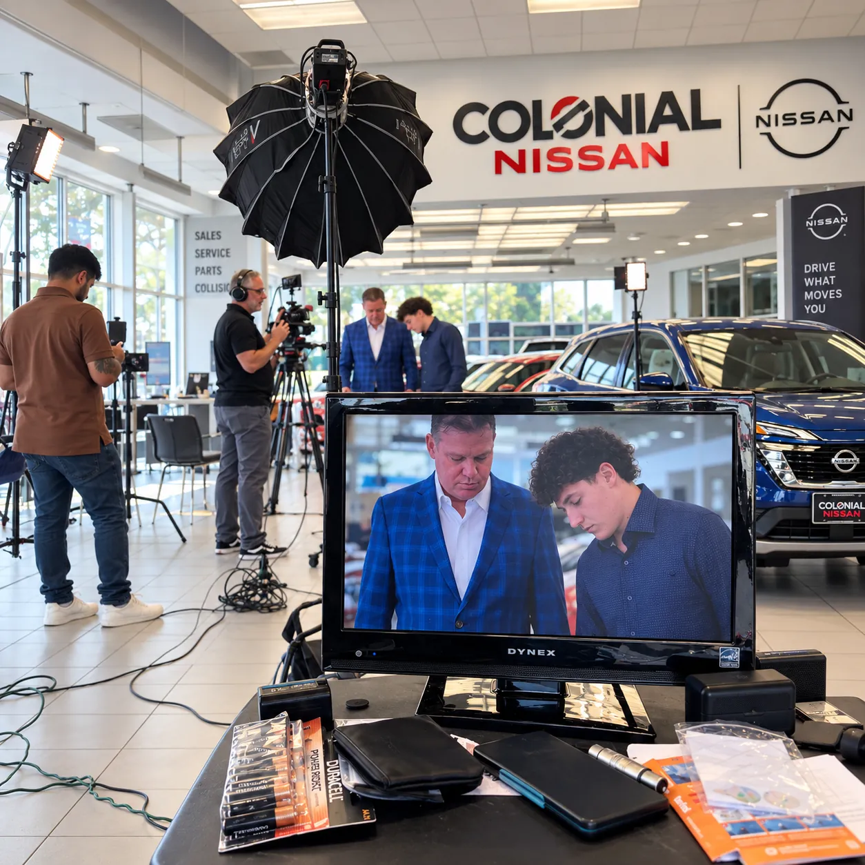 AVC production crew filming a Colonial Nissan commercial in the showroom