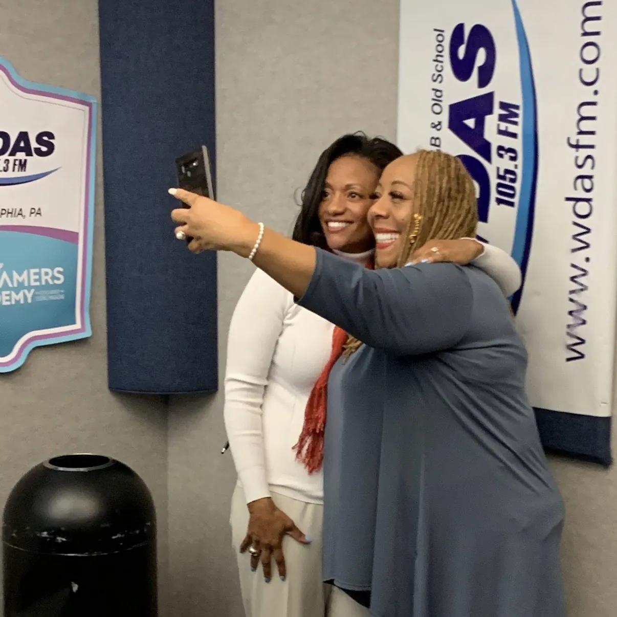 Patty Jackson taking a selfie with a guest at the WDAS FM studio