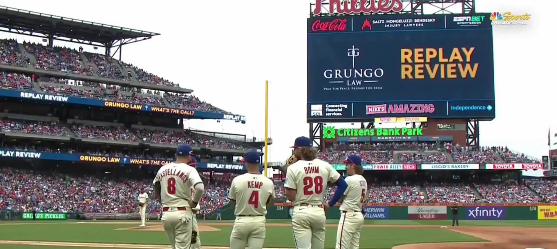 Grungo Law replay review sponsorship on the Citizens Bank Park scoreboard