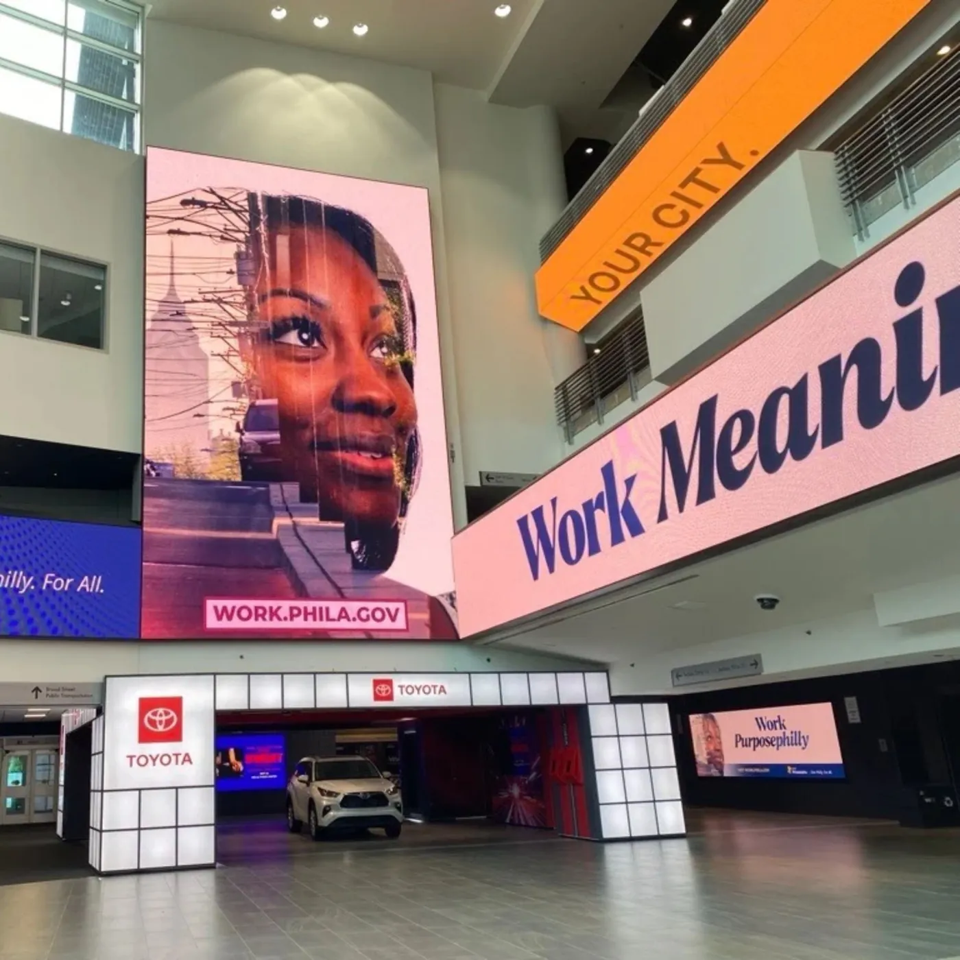 Work Philadelphia campaign on digital displays in a Broad Street atrium