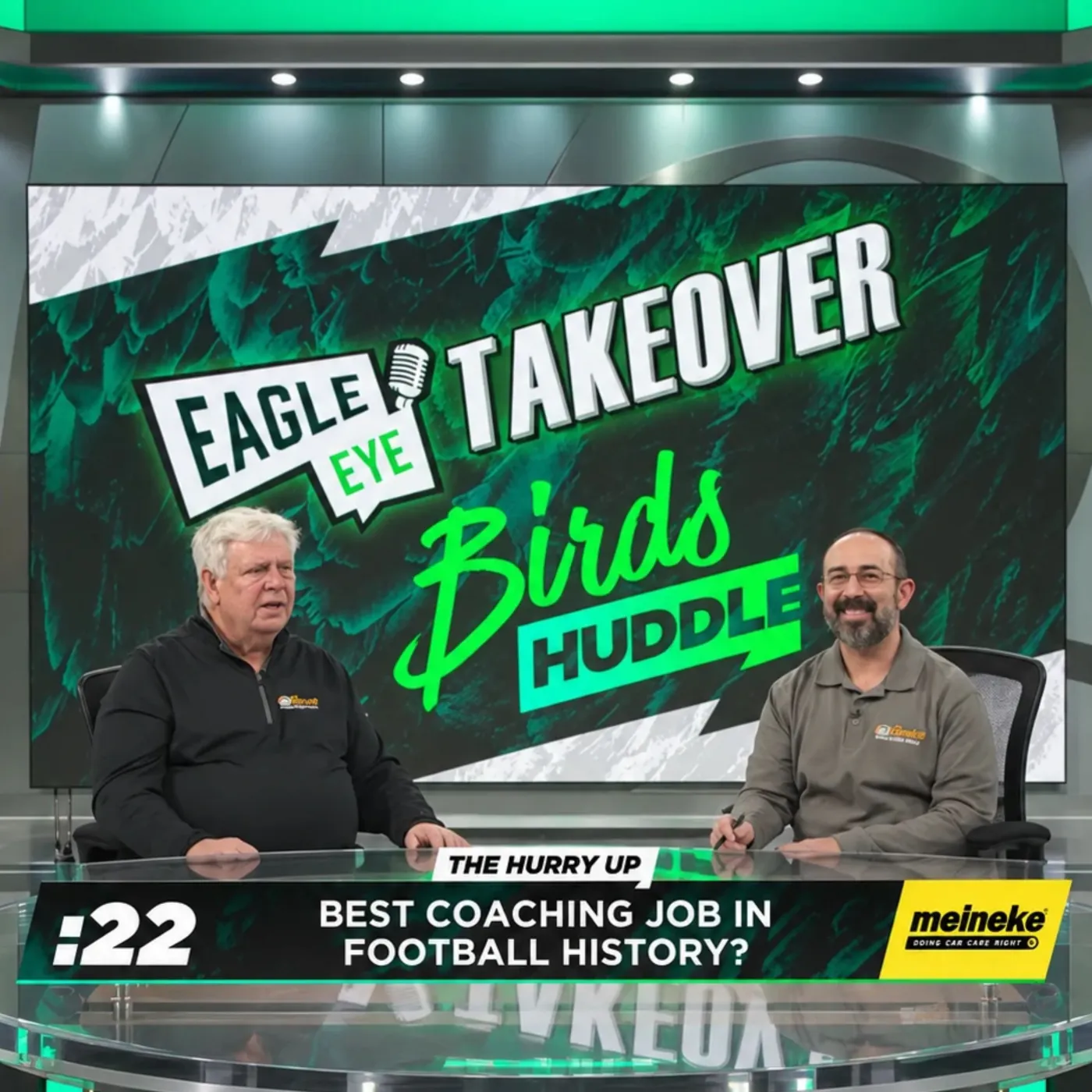 Meineke sponsorship on the Birds Huddle broadcast set