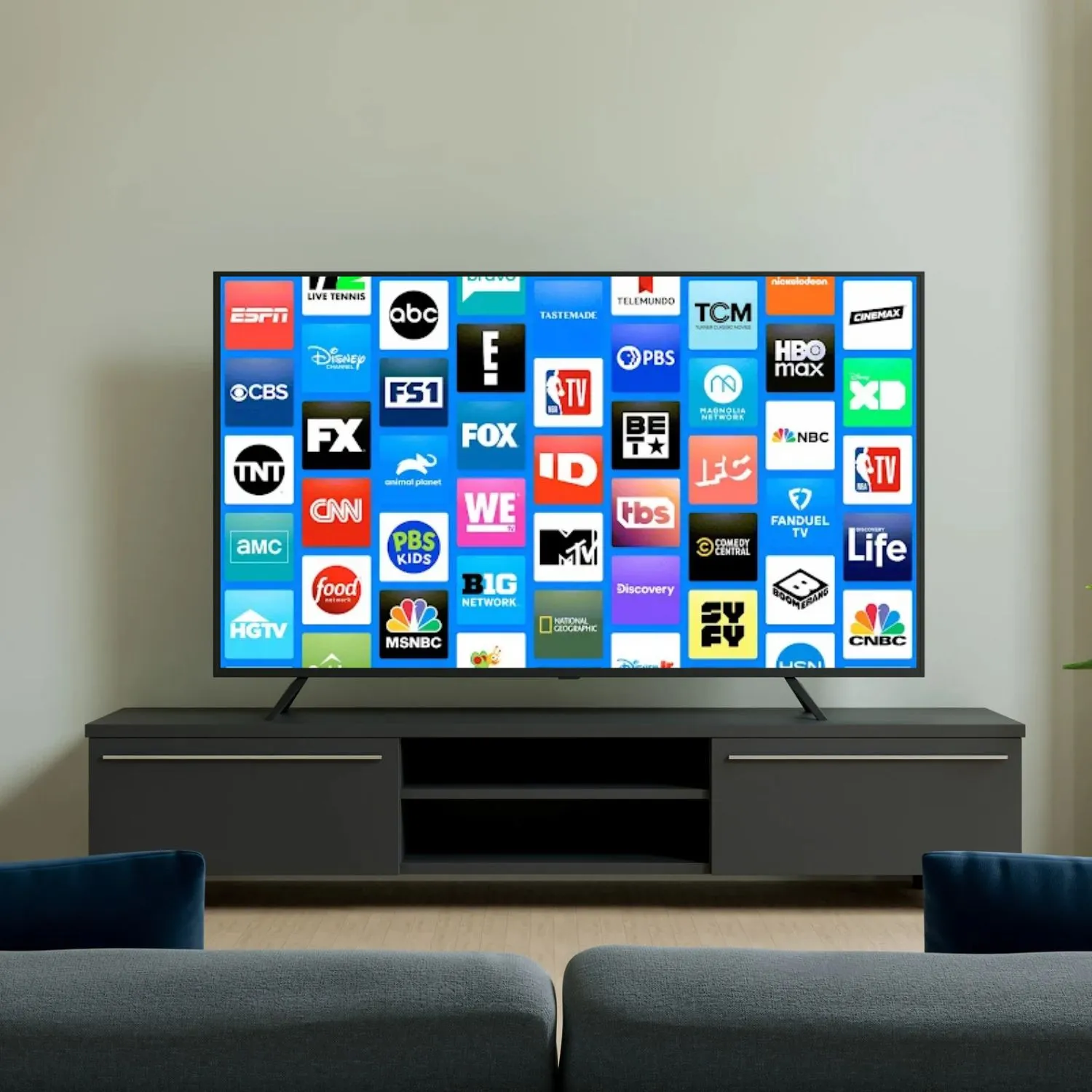 Broadcast and cable TV network logos on a TV screen