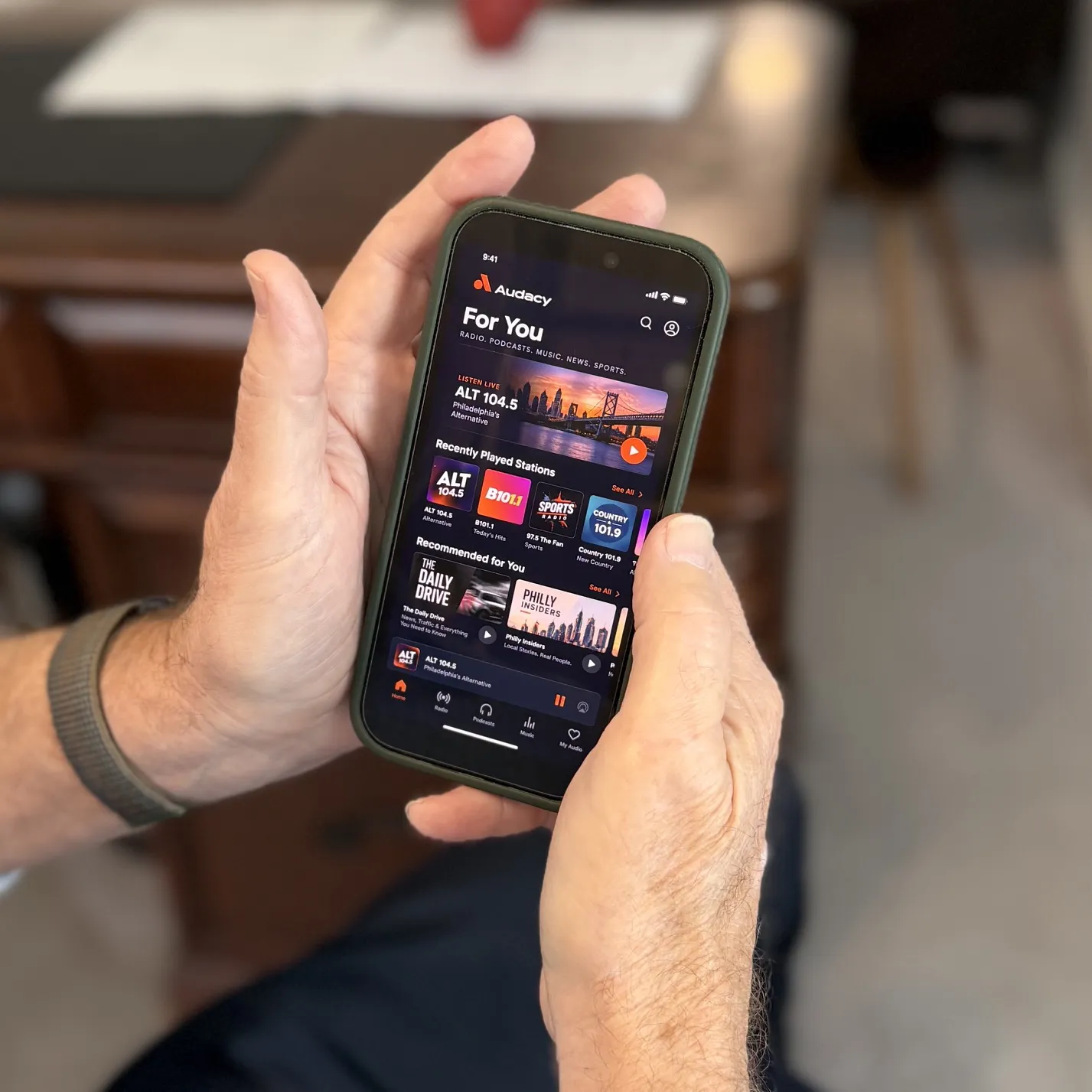 Audacy streaming radio app on a phone