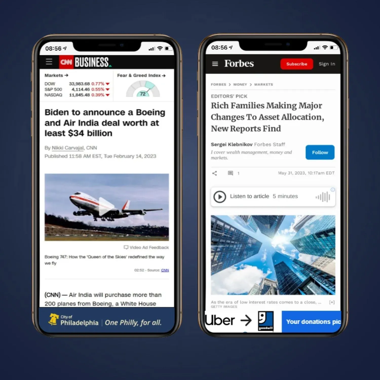 Banner ads displayed on mobile news sites