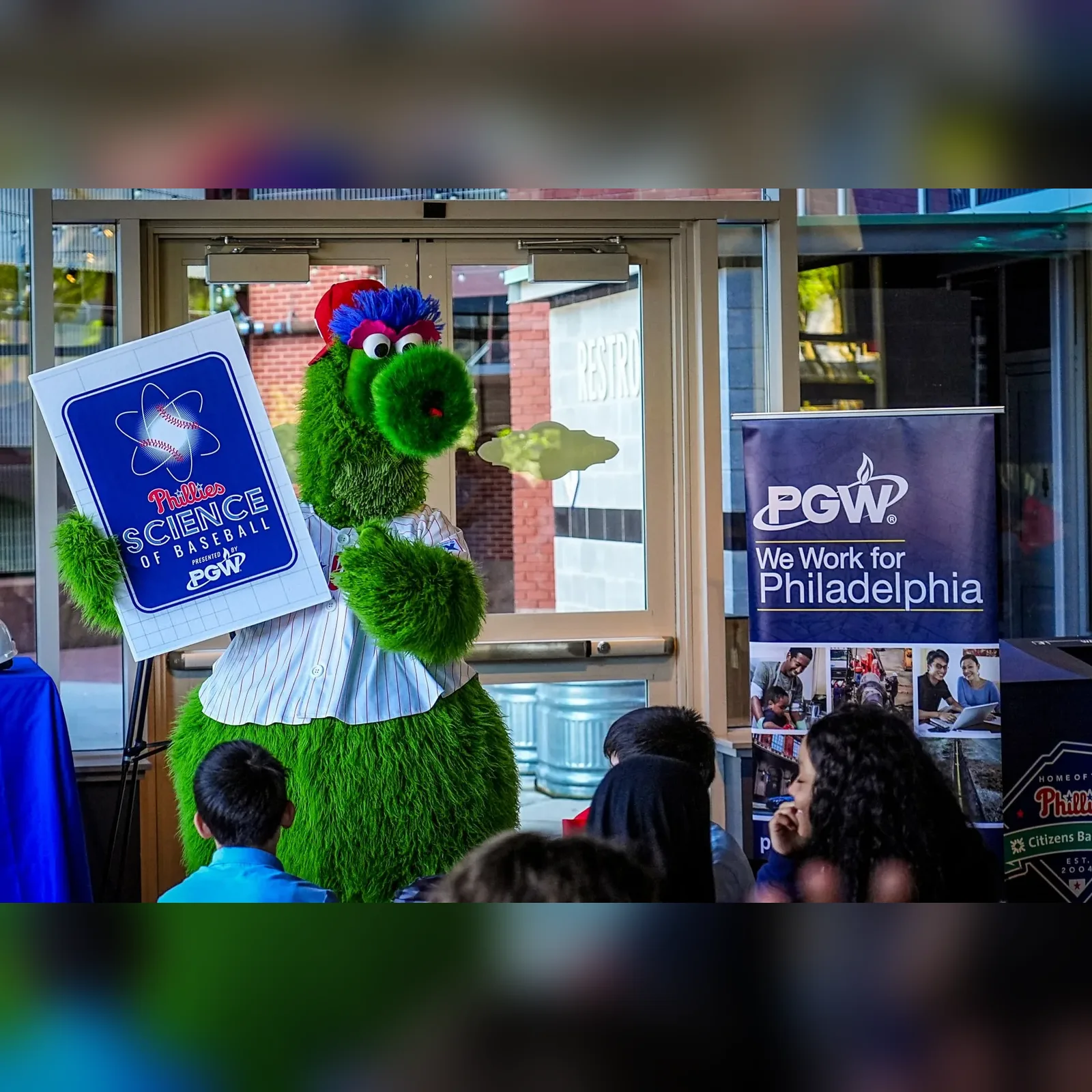 Phillie Phanatic at a PGW Science of Baseball event with students