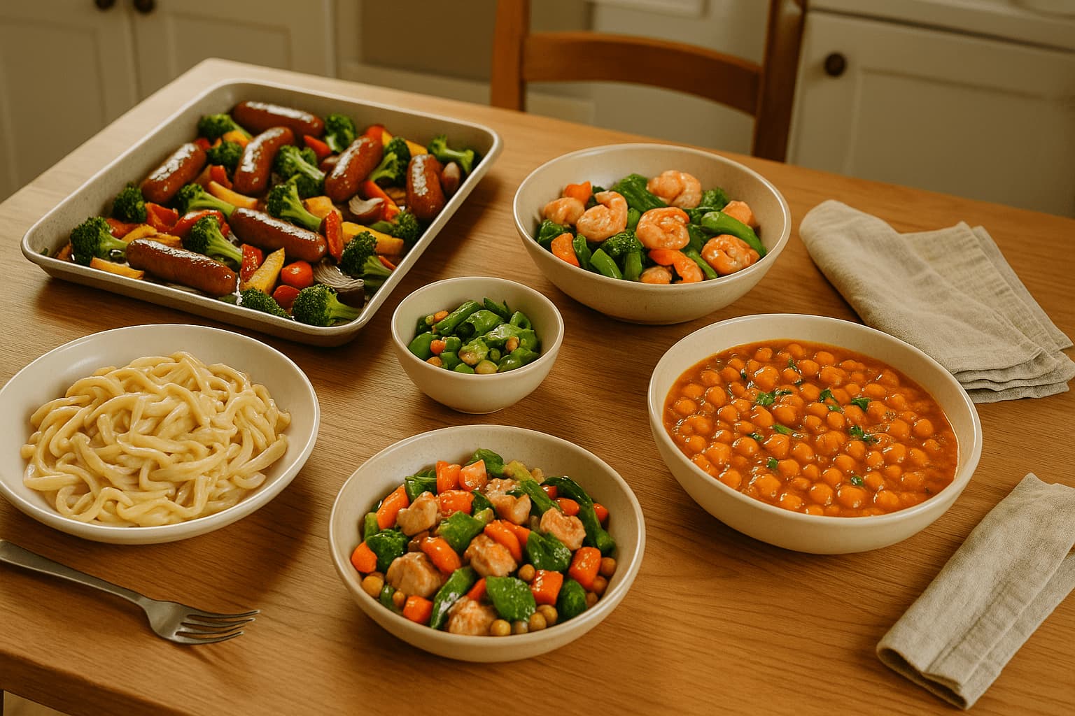 Cozy kitchen table with creamy chicken pasta, shrimp stir-fry, chickpea curry, and roasted sausage with veggies in bowls and trays, softly lit by natural light.