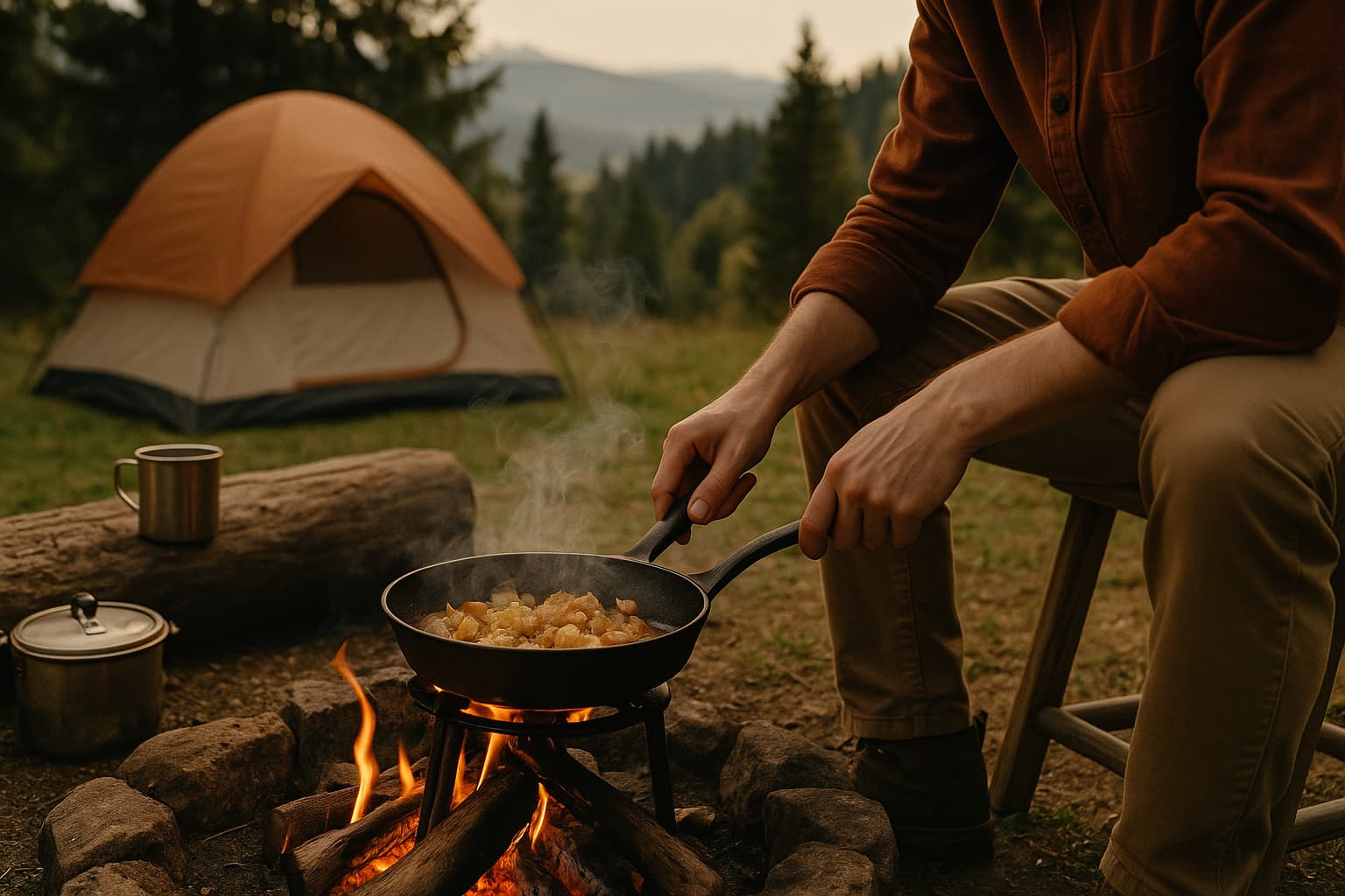 Person cooking dinner in a cast iron skillet over a campfire at a forest campsite, with a tent and mountains in the background.