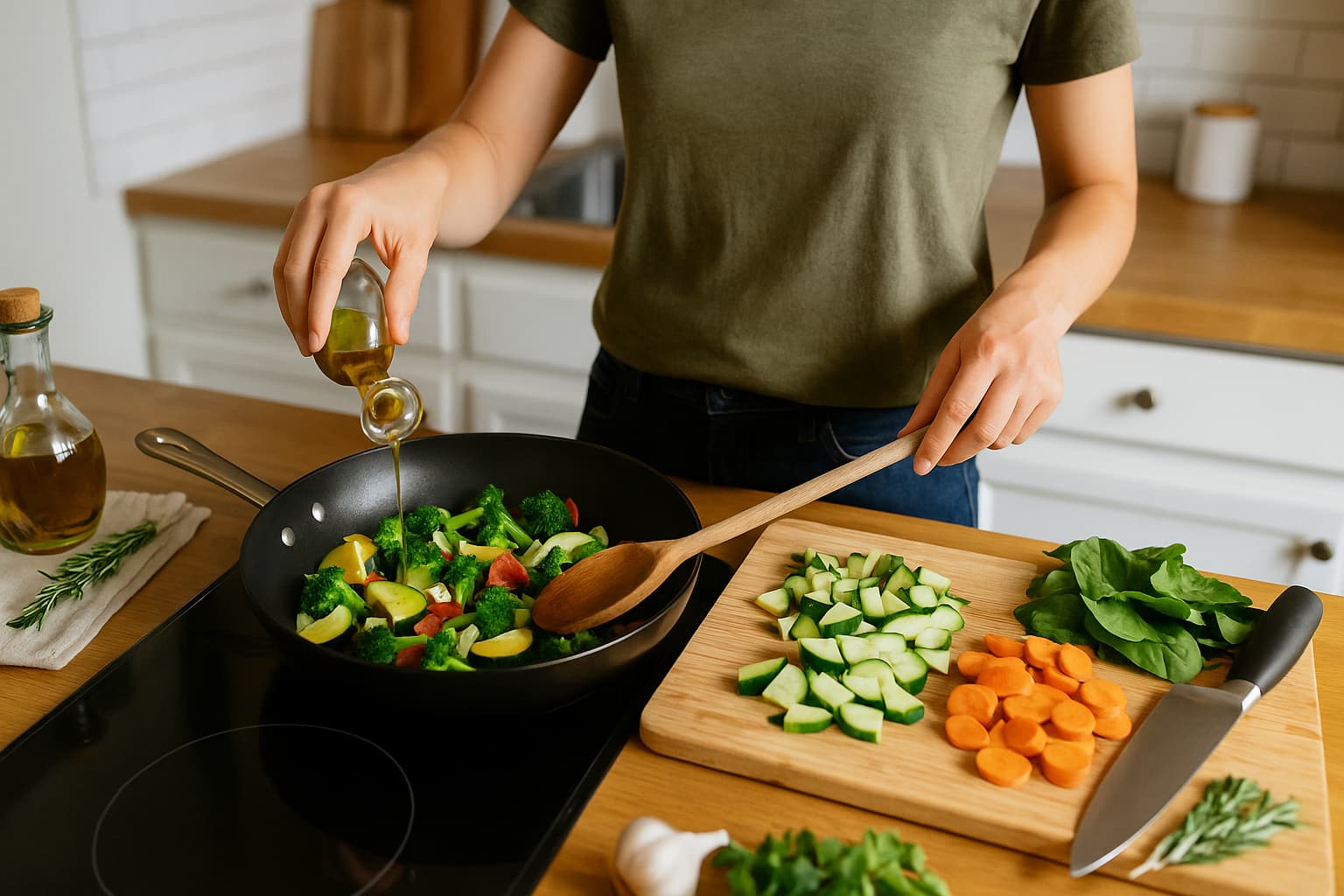 Person cooking healthy dairy-free vegetables in a skillet with olive oil in a modern kitchen, surrounded by fresh produce and natural light.