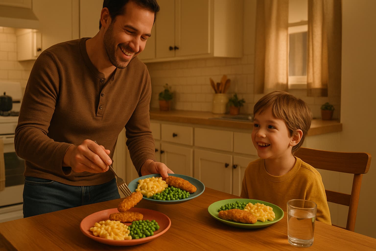 A father serves a plate of chicken tenders, macaroni and cheese, and peas to his smiling young son at a warm, softly lit kitchen table.