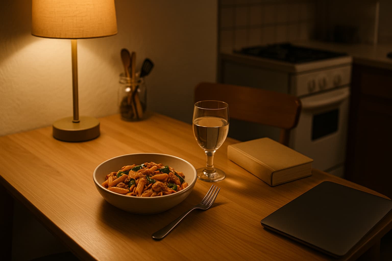 A cozy solo dinner scene with a bowl of pasta, a glass of water, a book, and a closed laptop on a wooden table under warm ambient light in a small kitchen.