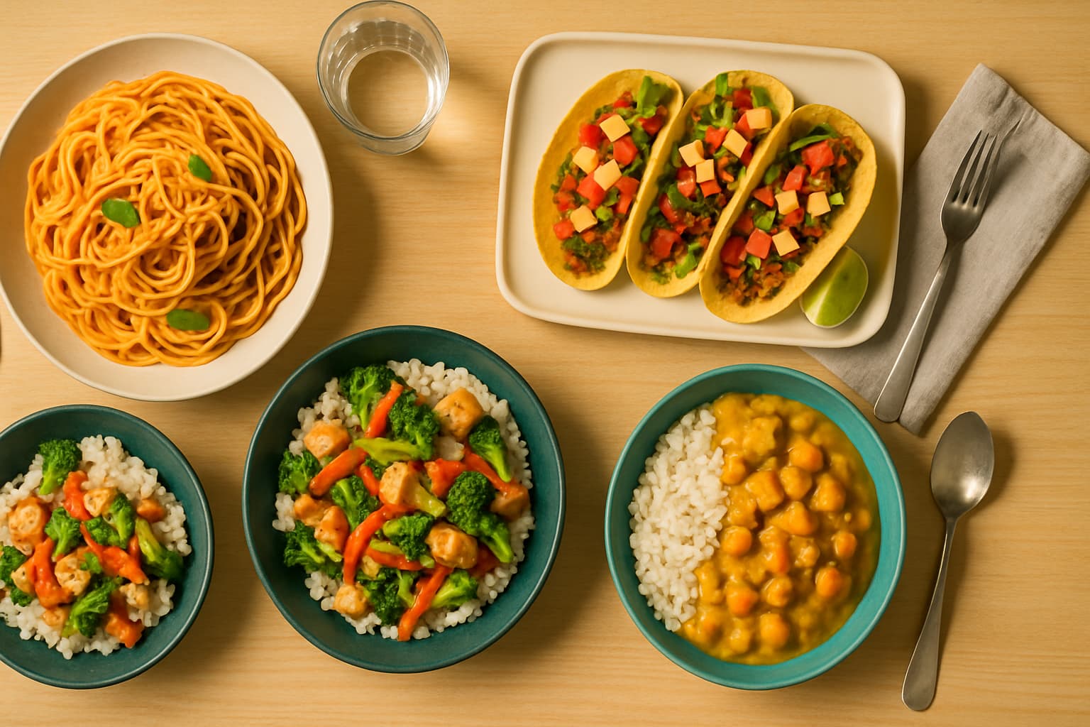 Overhead view of a dinner table with pasta, tacos, stir-fry, and curry dishes, casually plated on individual bowls and plates with utensils and a glass of water, lit by warm, natural evening light.