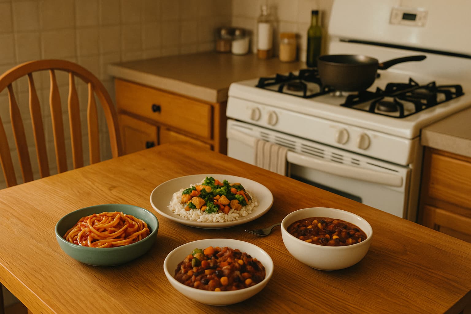 A modest wooden kitchen table is set with bowls of pasta, stir-fry over rice, and chili in a cozy home kitchen with warm lighting, a stove with a pot, and pantry items in the background.