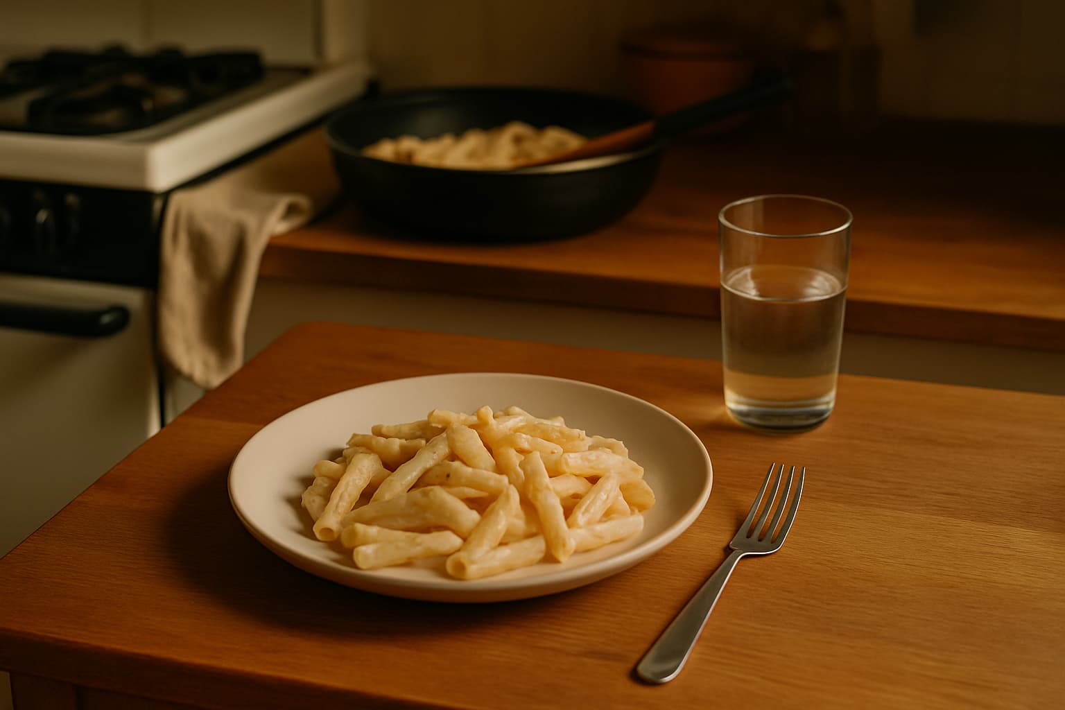 A cozy kitchen counter scene features a plate of creamy pasta beside a glass of water, with a skillet and wooden spoon in the softly lit background, creating a peaceful, home-cooked dinner moment.