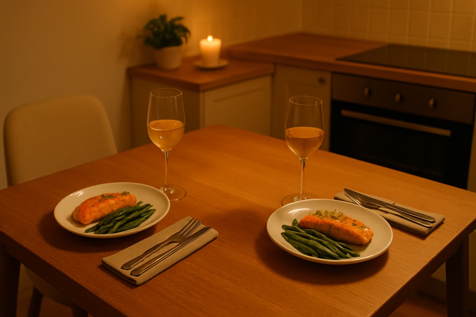 A warm, romantic dinner setting for two with salmon and green beans on white plates, each accompanied by folded napkins and cutlery, with wine glasses and candlelight in a cozy kitchen space.