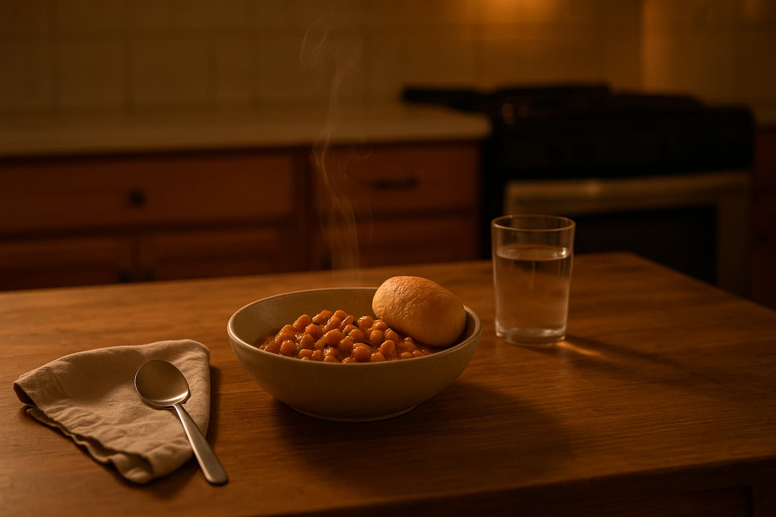 A steaming bowl of chickpea curry with a bread roll nestled to one side sits on a rustic wooden table beside a glass of water, a linen napkin, and a spoon, all warmly lit in a quiet, cozy kitchen.