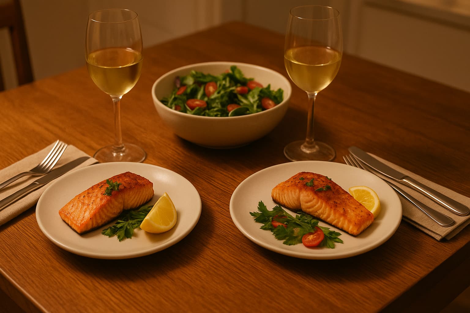A dinner table set for two with seared salmon fillets, lemon wedges, and herbs on each plate, cloth napkins with cutlery, two glasses of white wine, and a shared bowl of salad in the center.