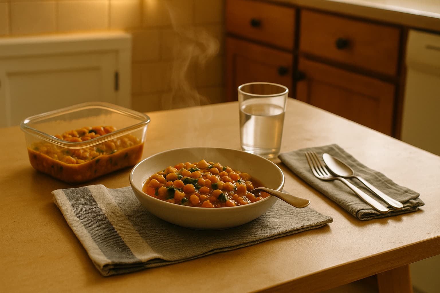 A kitchen counter displays a steaming bowl of reheated chickpea curry on a striped towel with a spoon, beside a glass container of leftovers and a glass of water in a softly lit, cozy space.