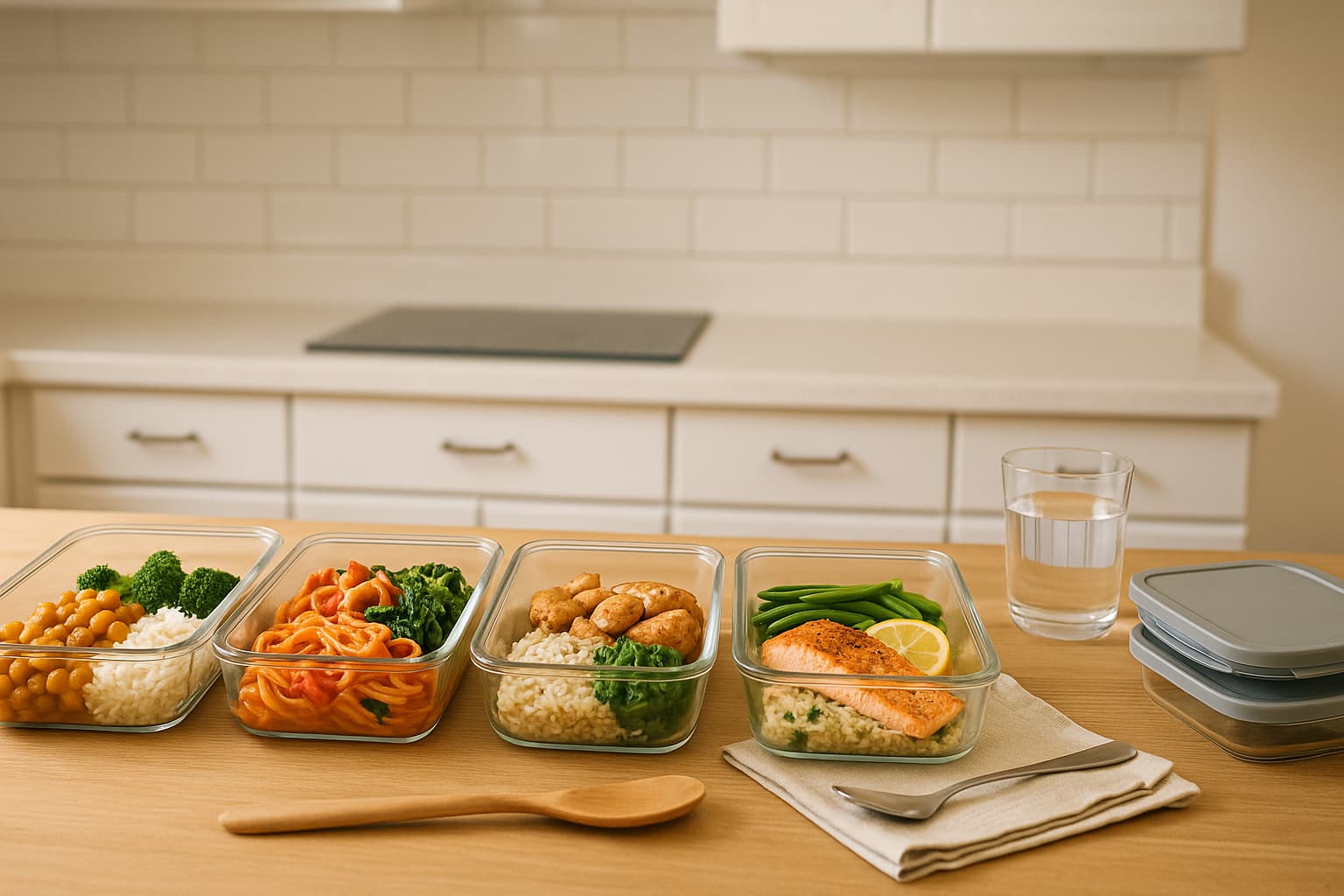 Four glass meal prep containers filled with colorful dishes like curry, pasta, chicken with rice, and salmon with green beans sit in a row on a clean kitchen counter beside a wooden spoon, stacked lids, and a glass of water.