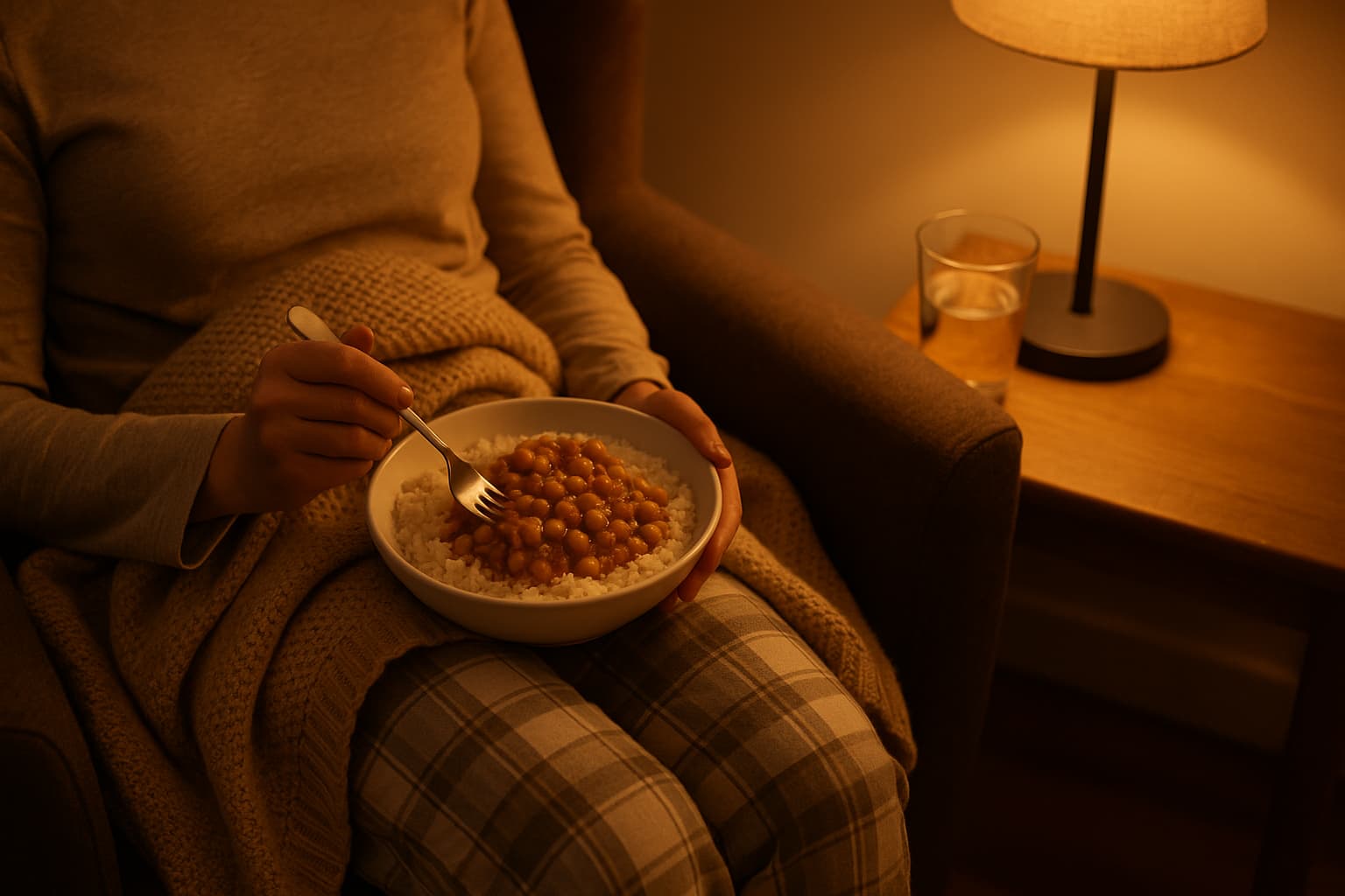 A cozy nighttime scene shows a person sitting in an armchair with a bowl of chickpea curry and rice on their lap, wrapped in a blanket, with a glowing lamp and glass of water on a nearby side table.