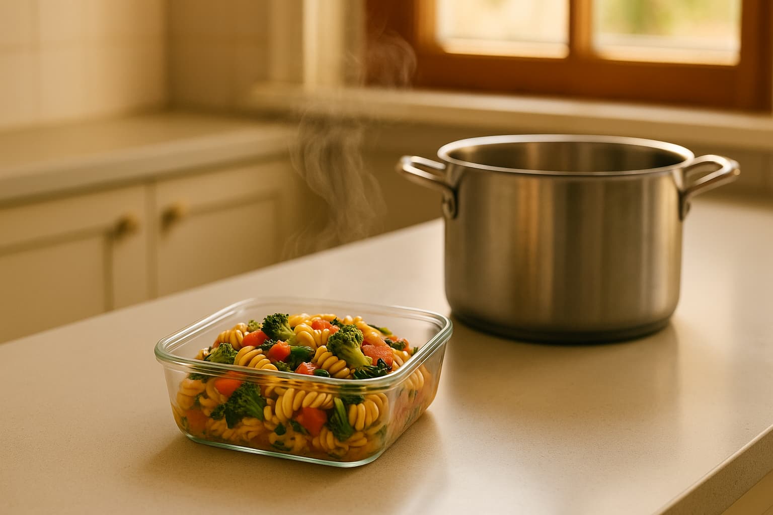 A steaming glass container of veggie pasta sits on a clean kitchen counter beside a large stainless steel pot, with natural light streaming through a window in a warm, calm kitchen scene.