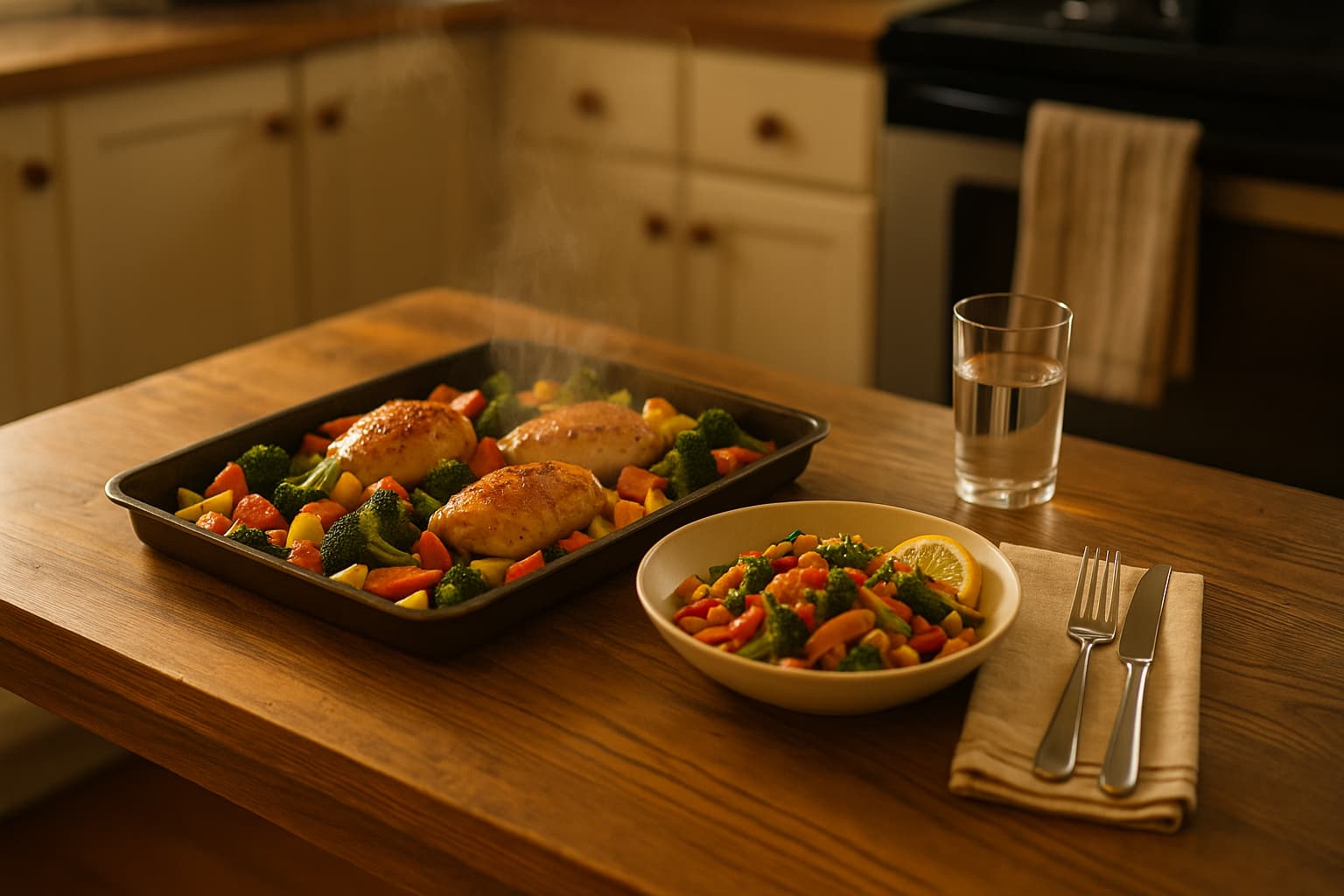 A steaming sheet pan of roasted chicken and colorful vegetables sits on a rustic wooden table with a folded napkin beside a knife and fork, in a warmly lit kitchen filled with natural light.