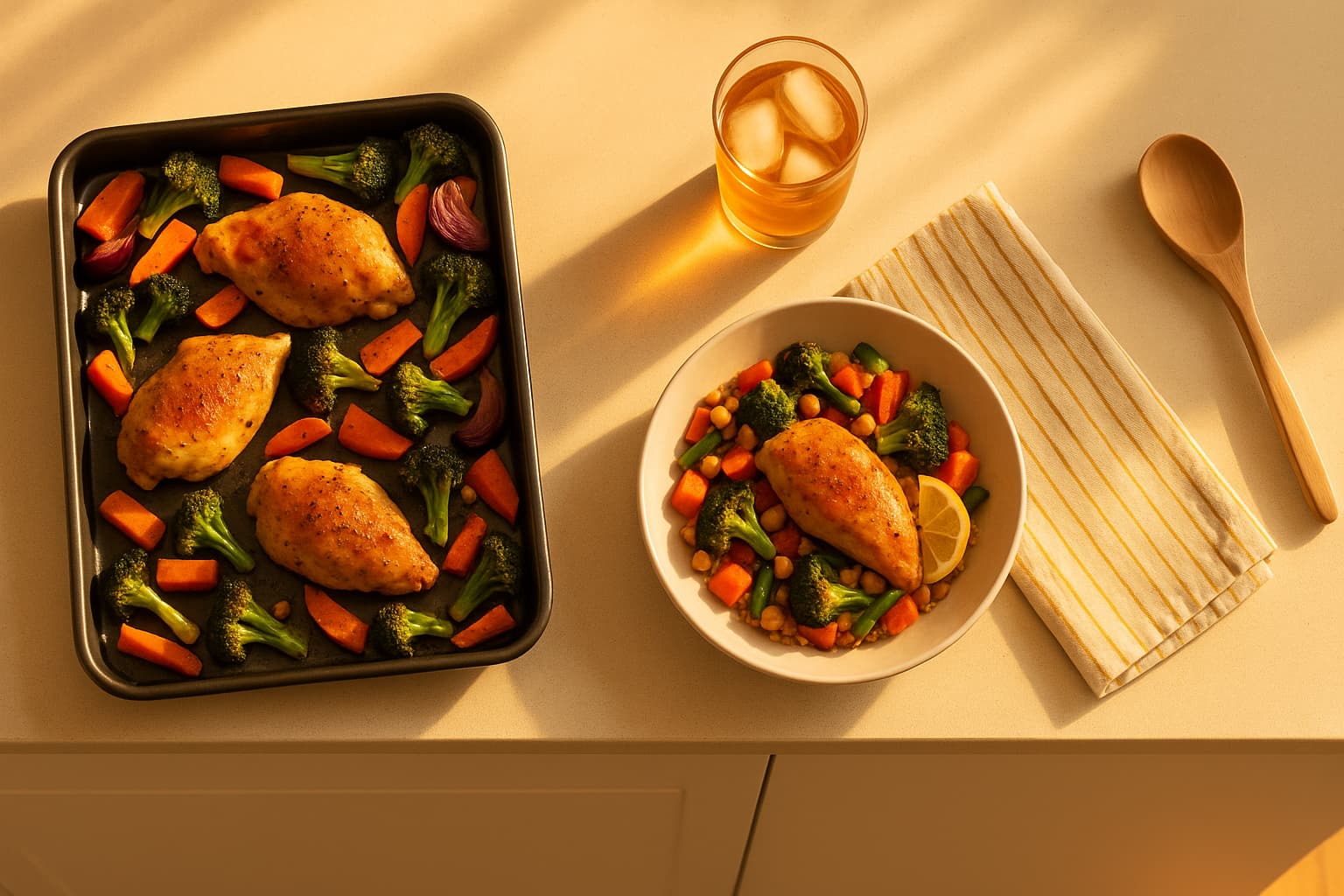A golden hour overhead view of a kitchen counter with a sheet pan of roasted chicken and vegetables, a glass of iced tea, a striped dish towel, and a wooden spoon bathed in warm natural light.