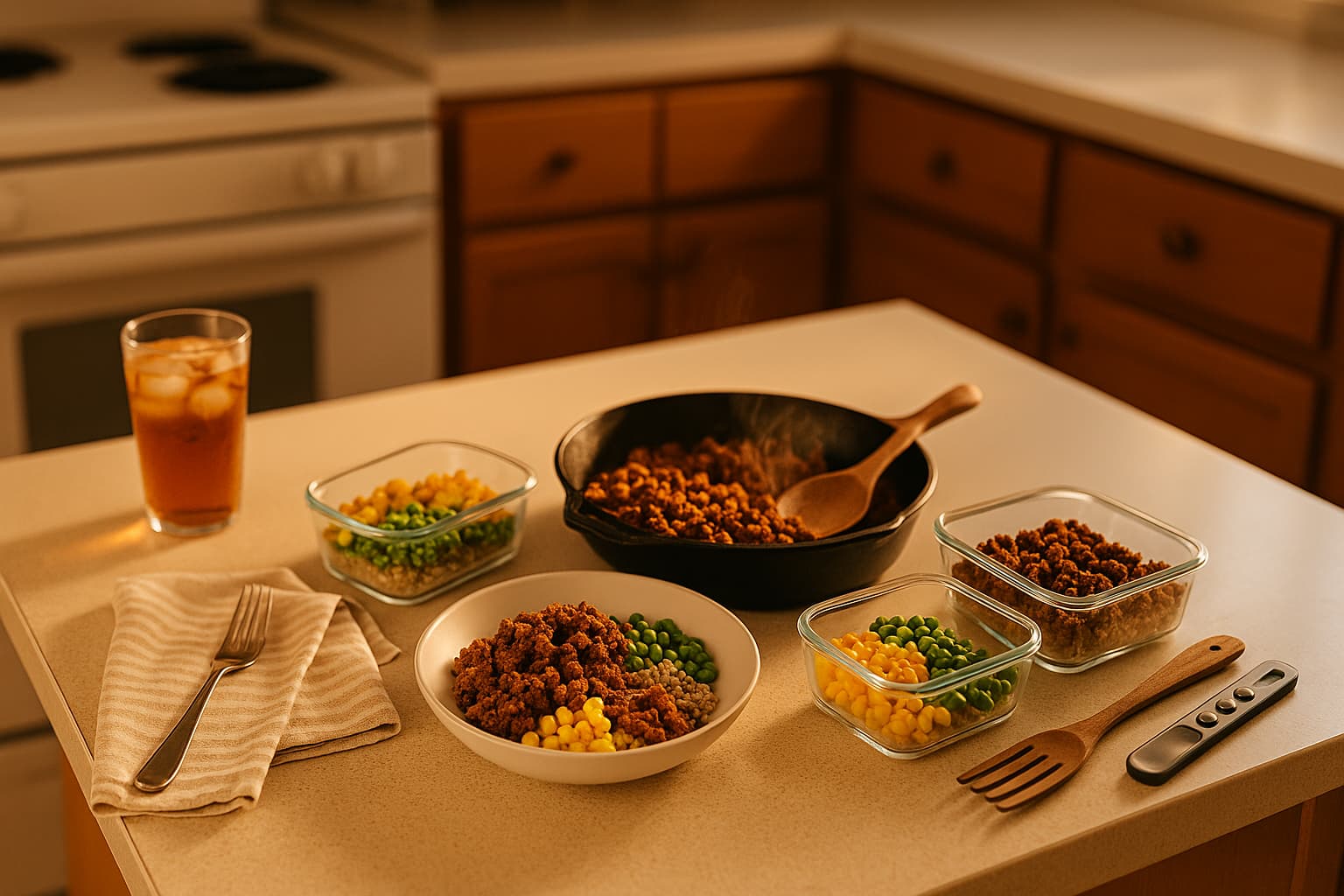 A cozy kitchen counter at golden hour features a steaming skillet of taco meat, glass containers of pre-portioned leftovers with peas and corn, a bowl of the same meal, iced tea, and utensils arranged neatly in soft natural light.