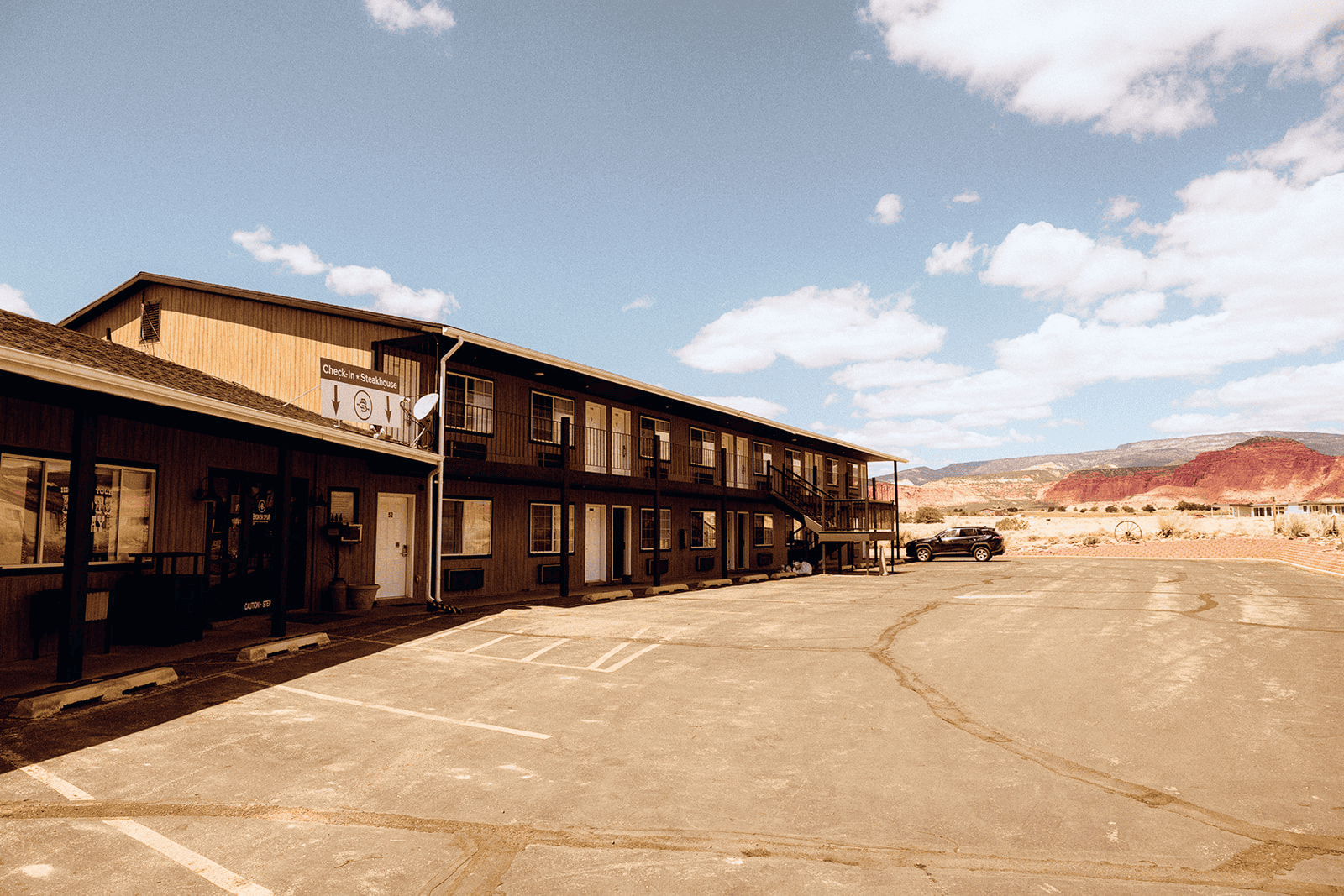 The Landing Hotel durring on a bright day.