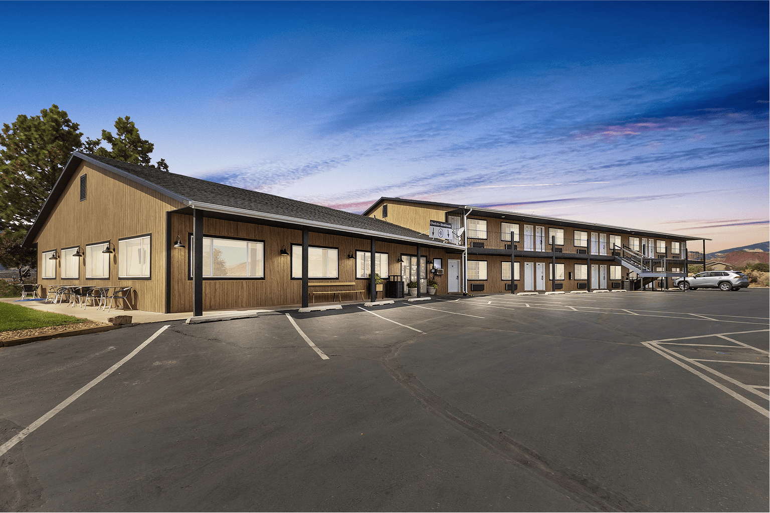 Exterior at dusk—Torrey Utah hotel near Capitol Reef National Park.
