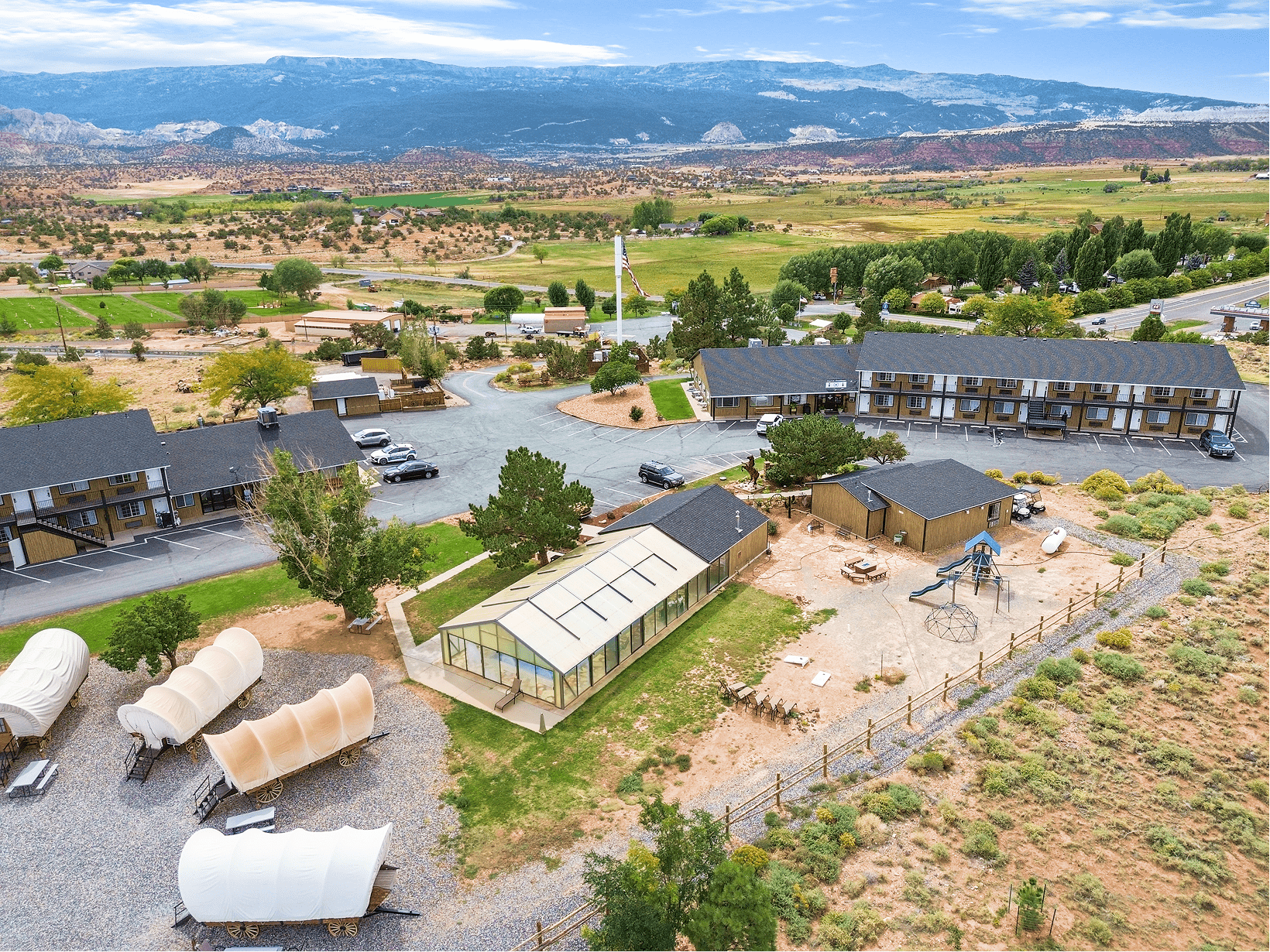 Aerial view of Broken Spur Inn & Steakhouse near Capitol Reef National Park