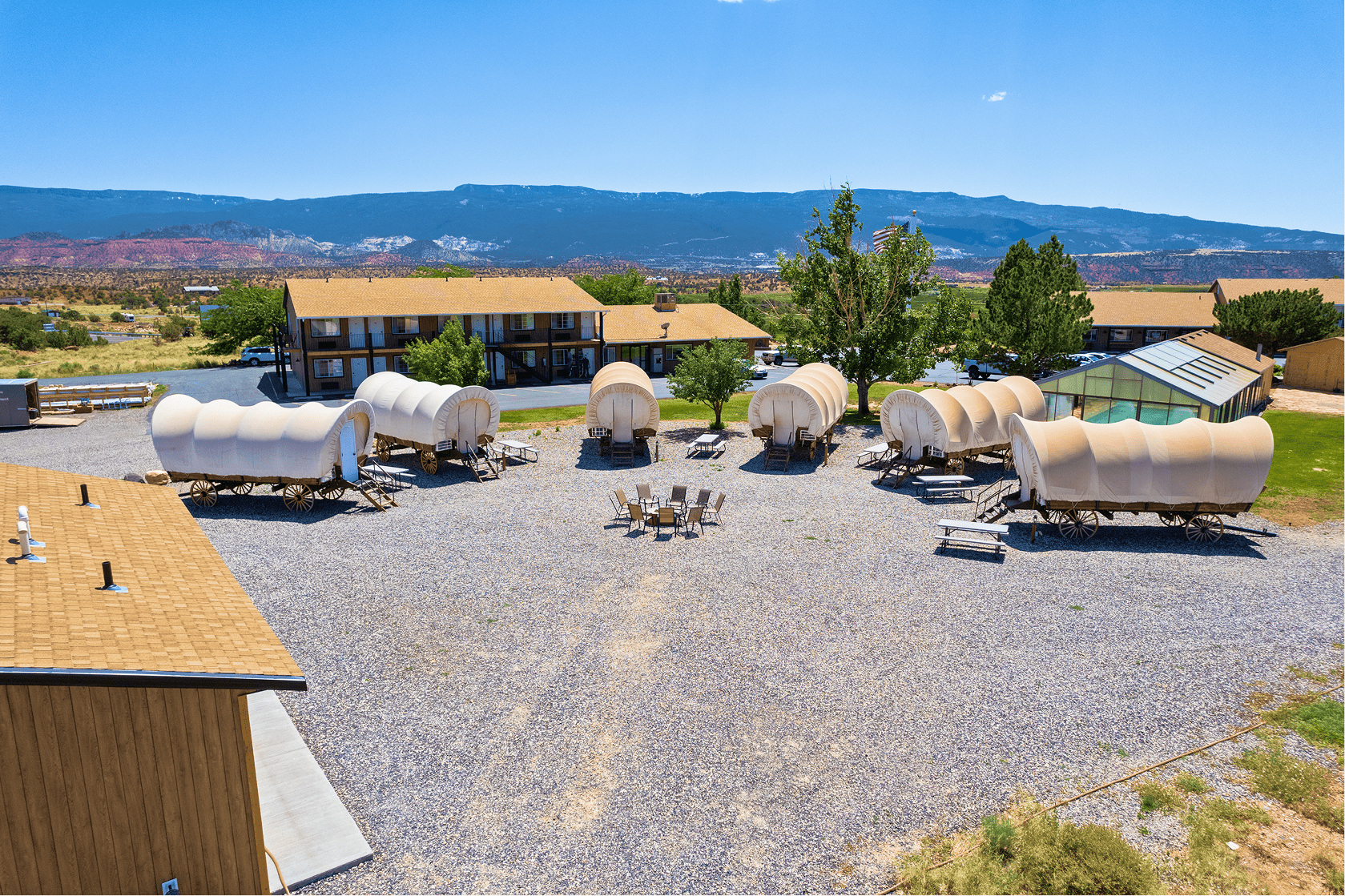 Conestoga wagon lodging at Broken Spur Inn & Steakhouse near Capitol Reef