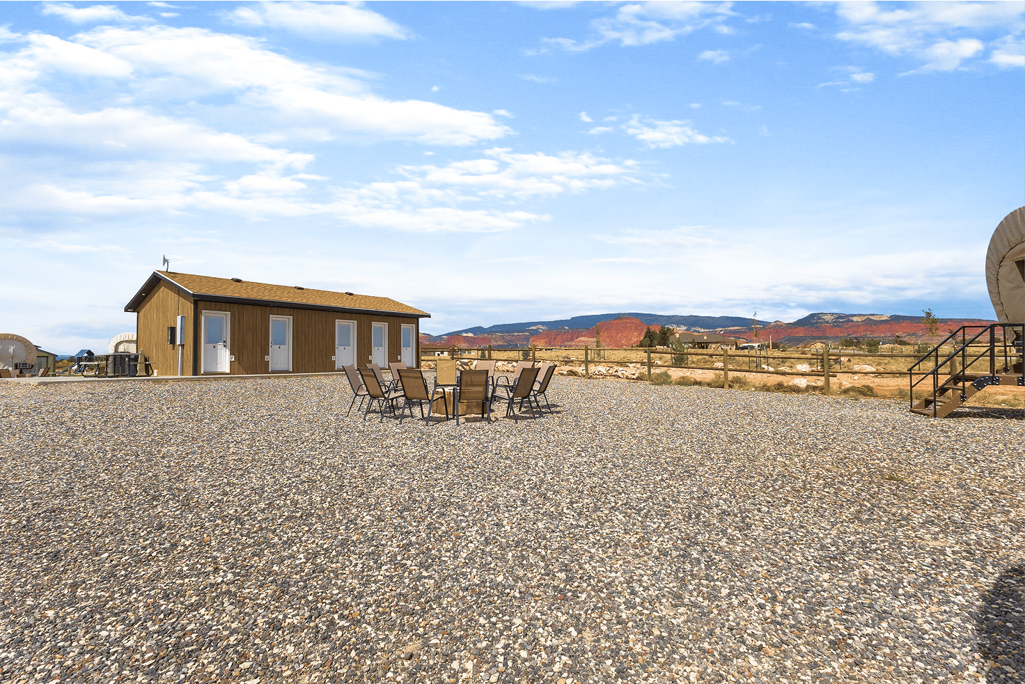 Covered wagons and bathhouse at Broken Spur Inn & Steakhouse near Capitol Reef