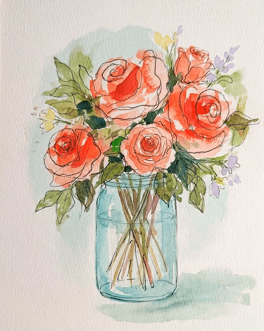 Join us for a relaxed, 2-hour class combining watercolor and ink to create a loose, expressive bouquet of roses in a classic mason jar. 