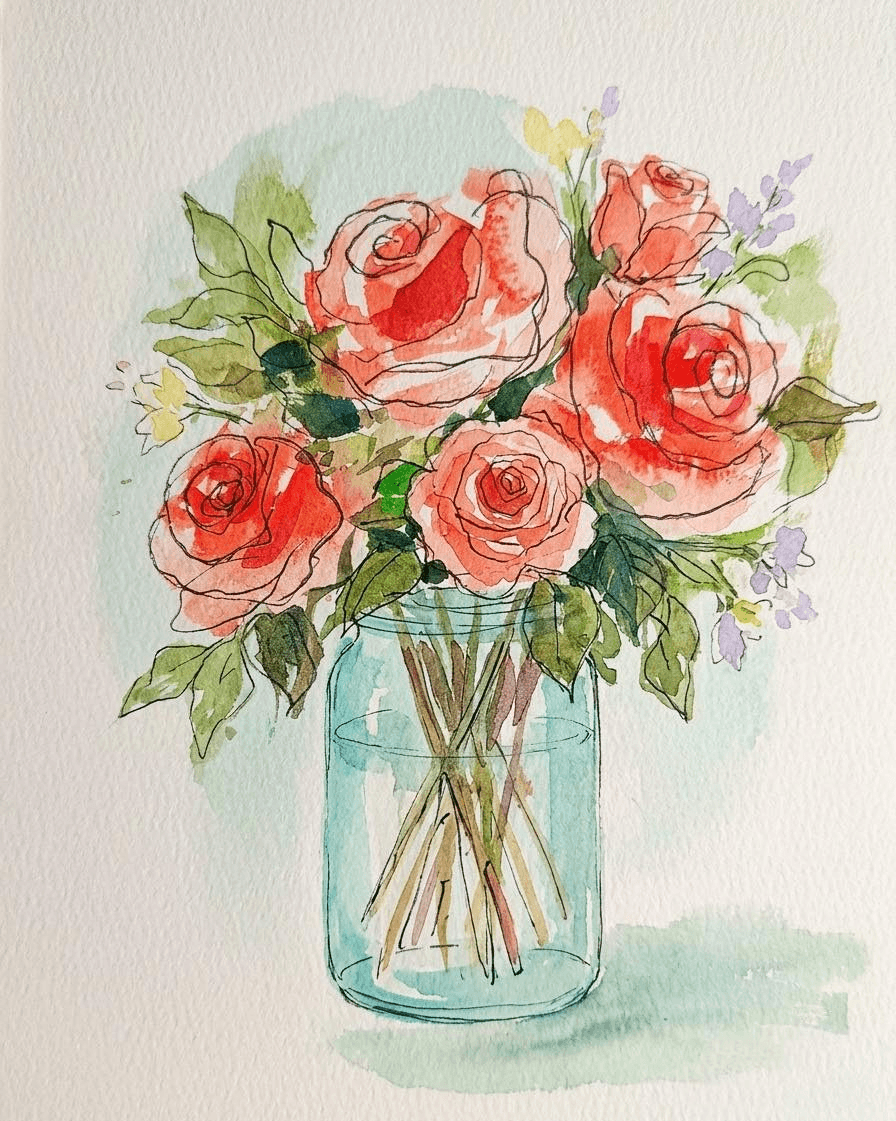Join us for a relaxed, 2-hour class combining watercolor and ink to create a loose, expressive bouquet of roses in a classic mason jar. 