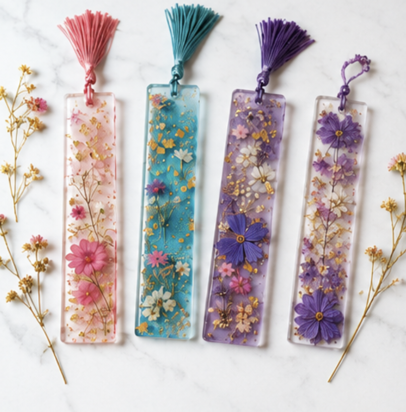 Create your own stunning resin bookmarks with dried flowers, glitter, and charms. Learn resin basics, color mixing, layering, finishing, and sealing techniques. All materials included • Bring your creativity.