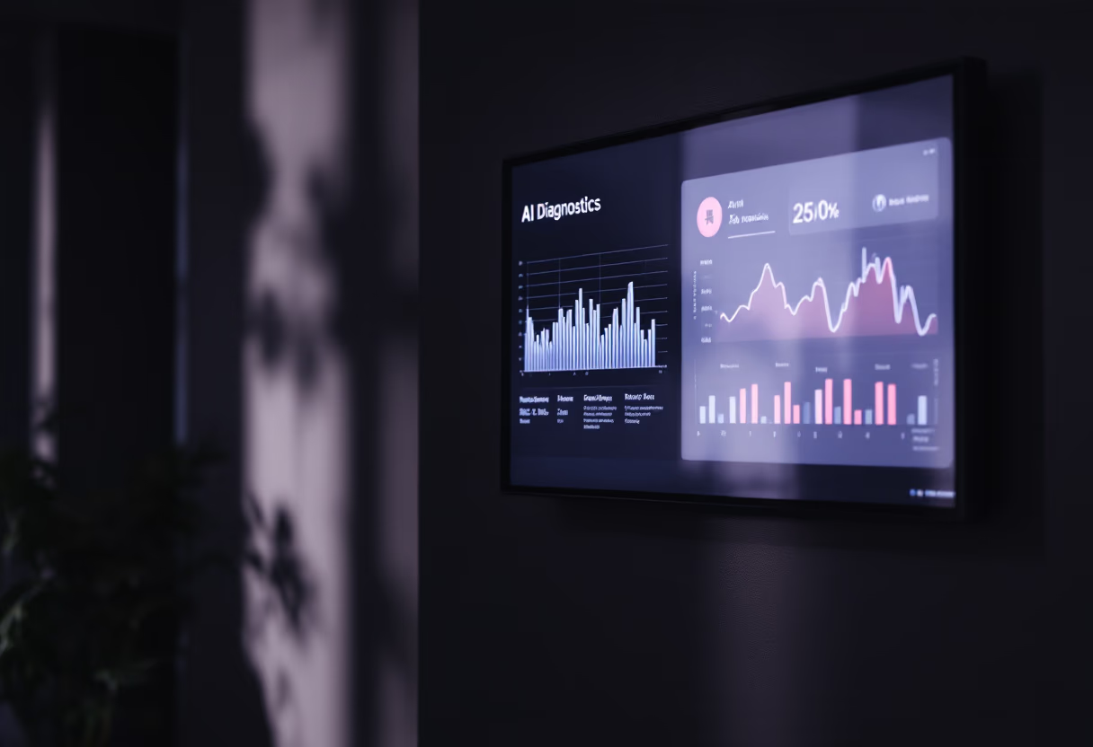 Digital dashboard screens showing AI performance metrics for long-term business growth