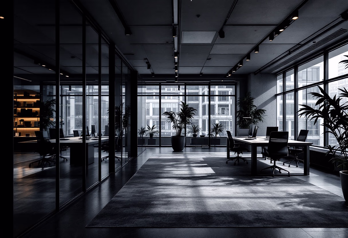 Luxury private office space with glass walls and modern furnishings representing Priviont's discreet AI consulting environment