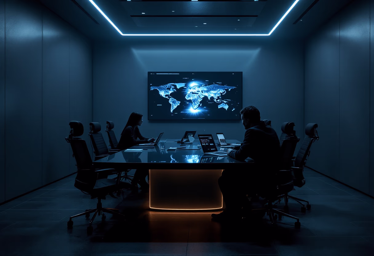 AI experts monitoring and optimizing custom AI systems for a luxury brand in Dubai, high-end workspace with advanced technology